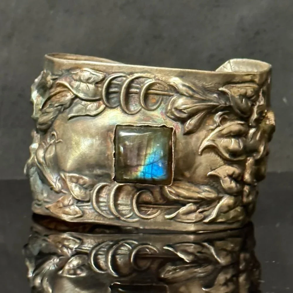 Labradorite Spectralite Sterling Silver 925 Cuff Bracelet Wide Floral Antique